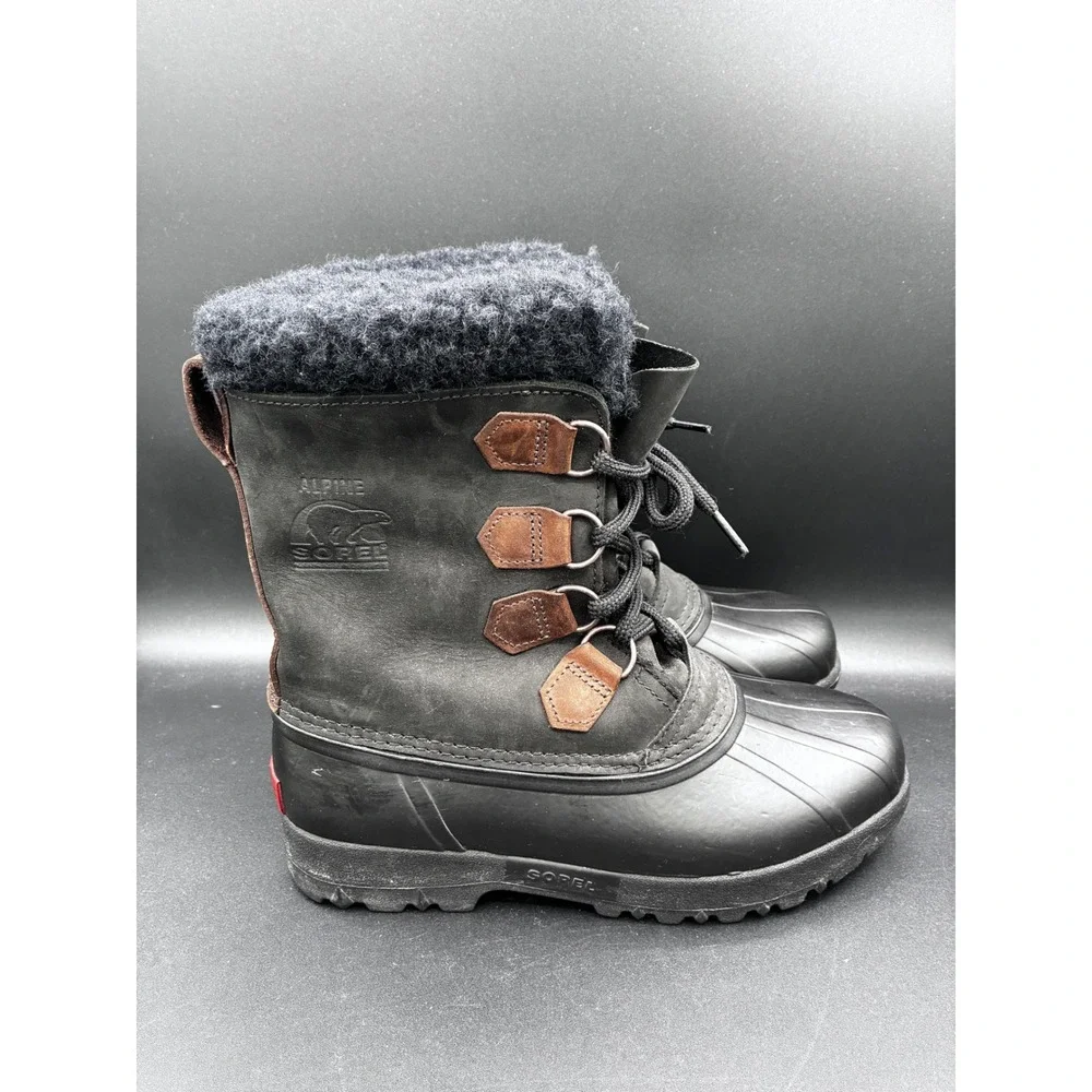 Sorel Alpine Mens 8 Black Leather Waterproof Snow Winter Duck Boots Made Canada